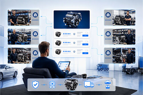Vehicle owner comparing engine quotes from multiple trusted UK suppliers through a digital marketplace platform with ratings, warranty protection and delivery options