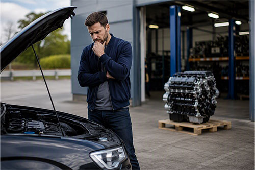 Driver with engine trouble viewing a trusted replacement engine solution