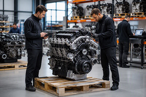 Professionally inspected Mercedes replacement engine on a wooden pallet inside a modern UK automotive warehouse with quality control checks and supplier network operations